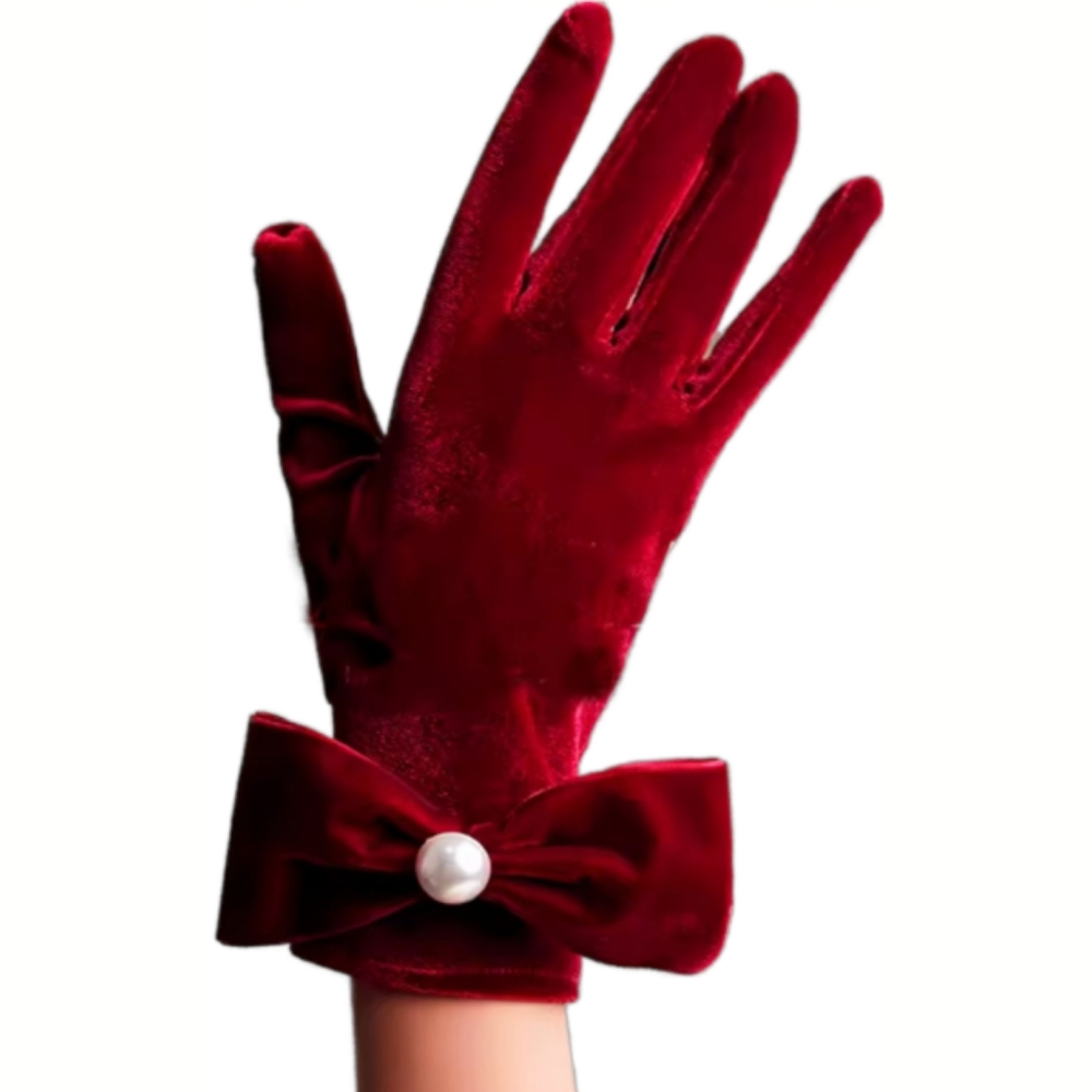 Beloved Millinery Elegant Deep Red Velvet Gloves with Bow and Pearl Detail